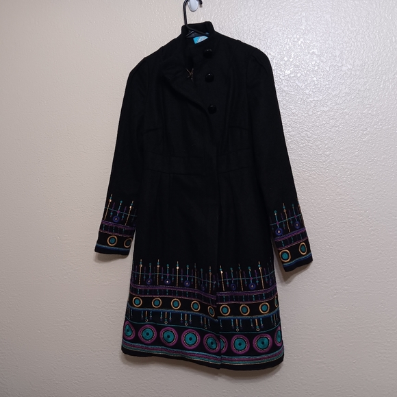 Plenty by Tracy Reese Black Geometric Embroidered Wool Blend Coat - Picture 2 of 6
